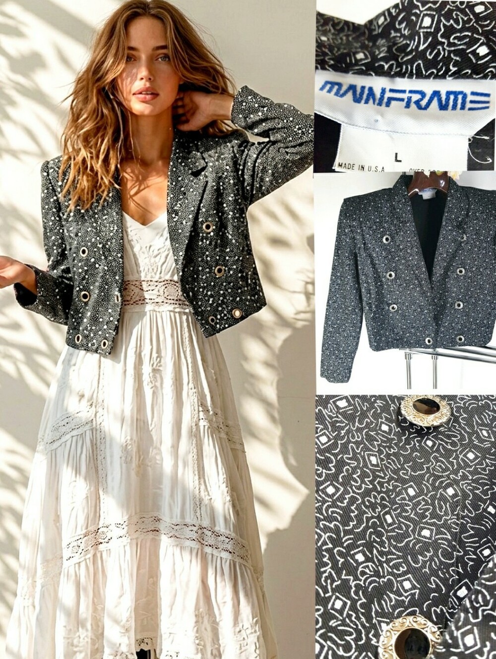 90's-Y2K 🖤Vintage Oversized Shoulder Crop Patterned Blazer Jacket|